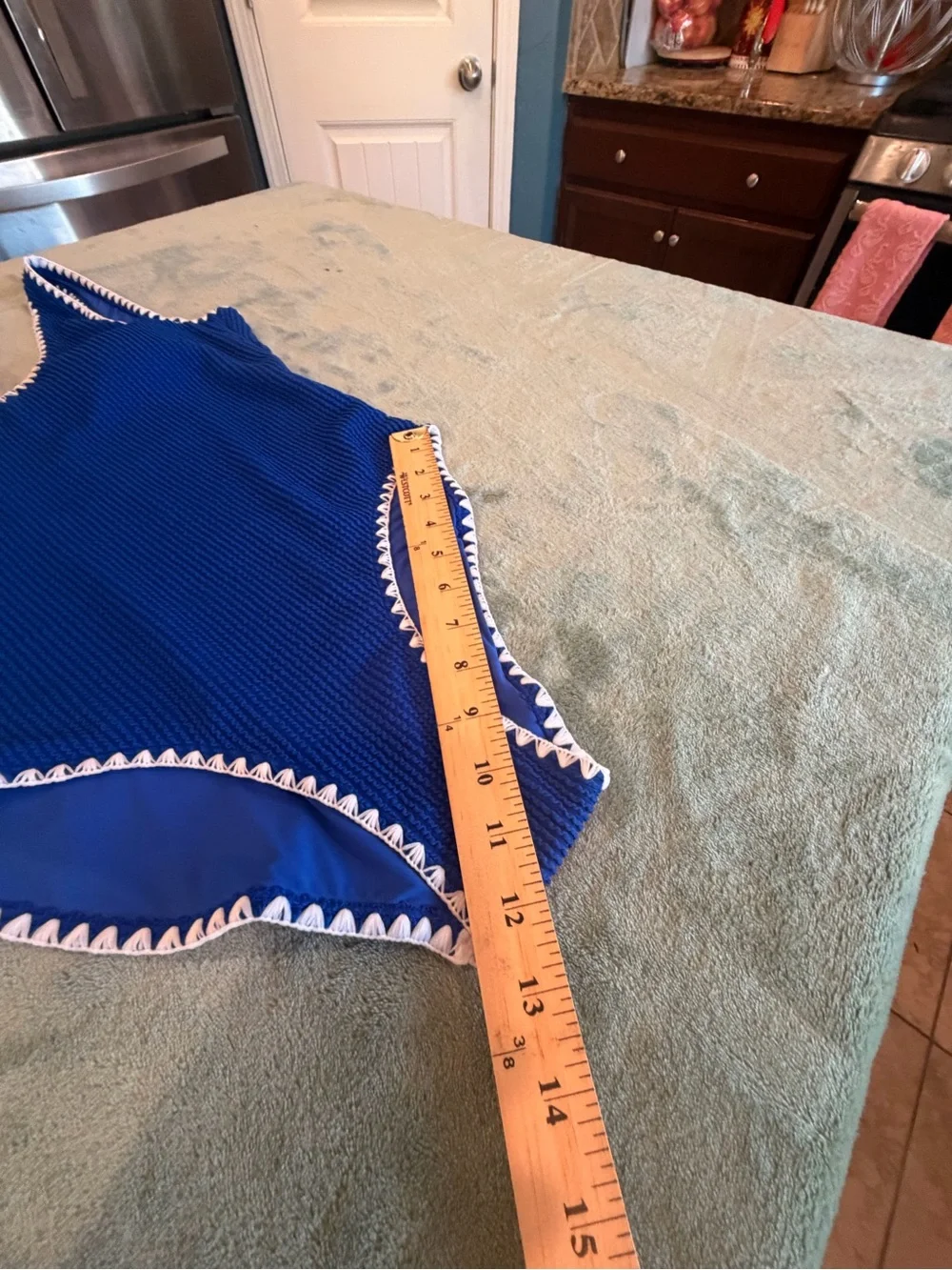 Betsey Johnson Women XL Blue One Piece Swimsuit White Crochet Trim UPF 50+